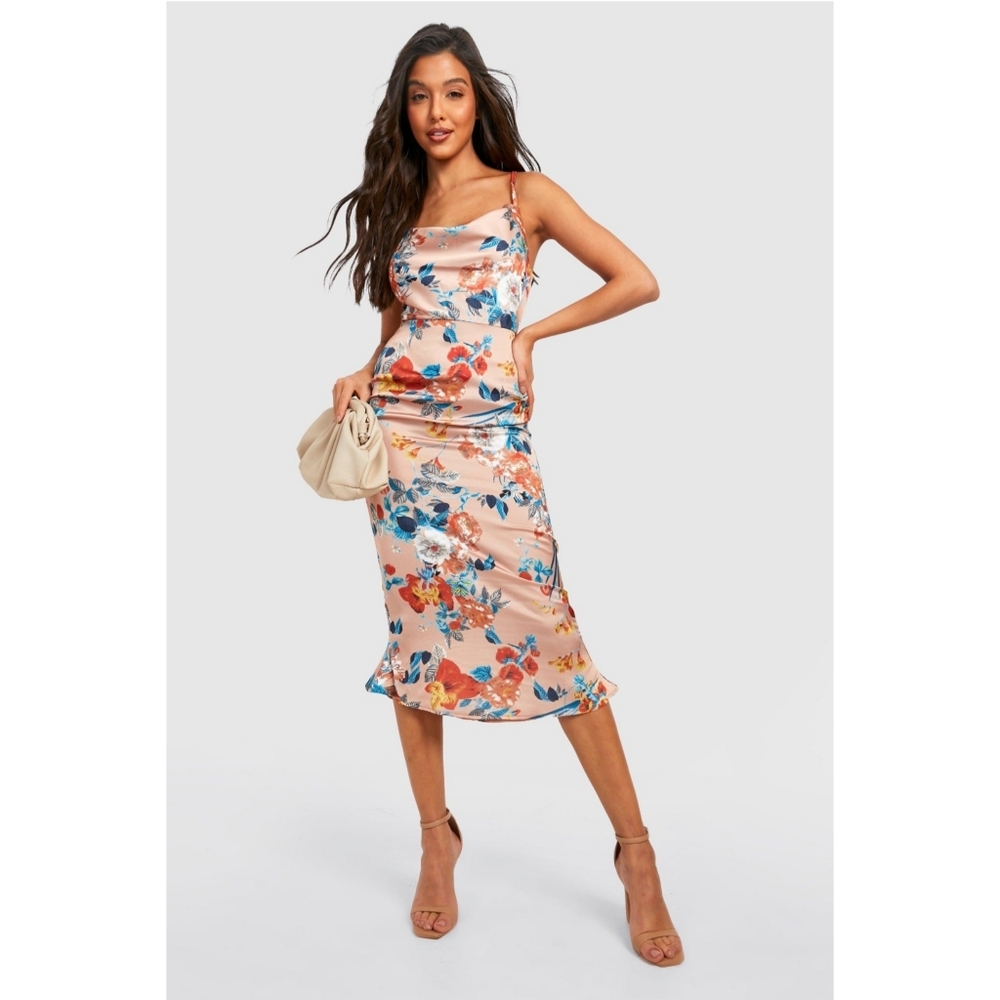 BooHoo Floral Midi Cowl Neck Dress